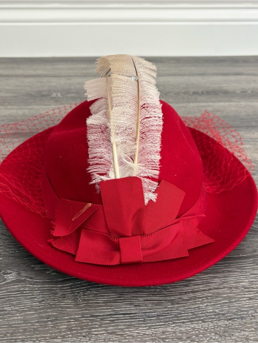 Lancaster 100% Red Wool Felt Vintage Women's Fascinator Hat with Feather and Bow